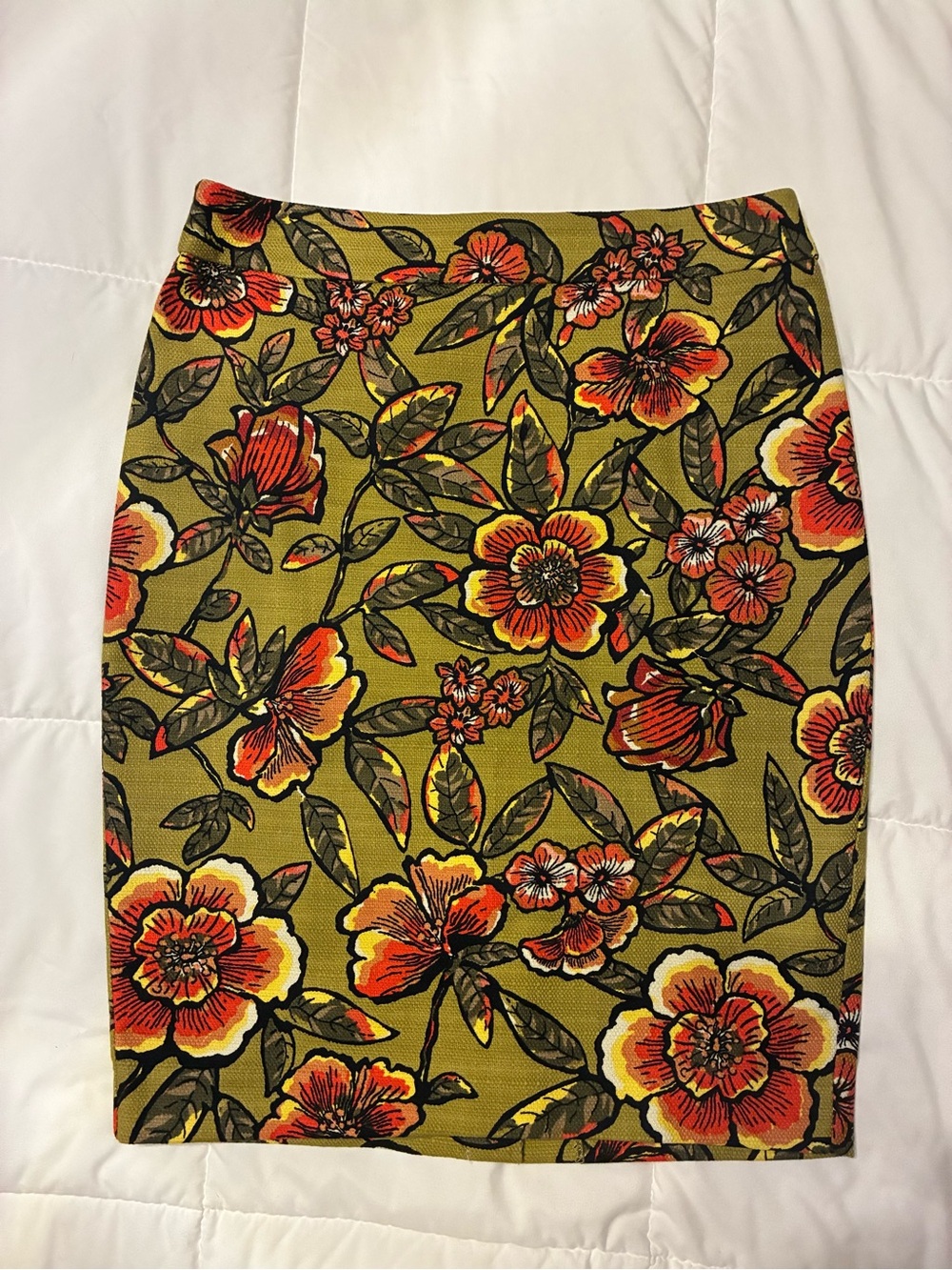 LOFT floral pencil skirt in olive with orange and yellow blossoms
